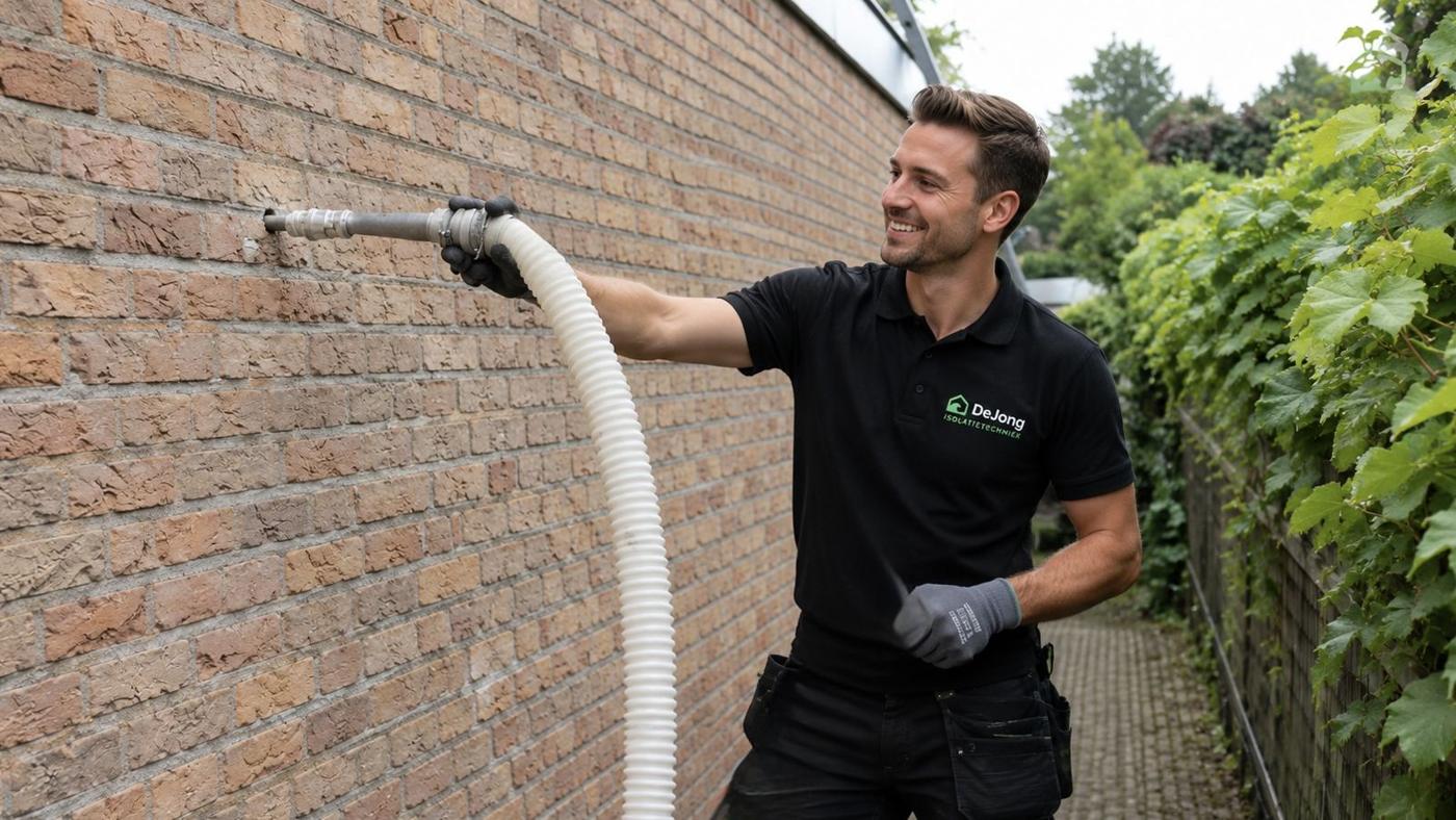 Vakman van De Jong Isolatietechniek isoleert een spouwmuur via een slang in de voeg